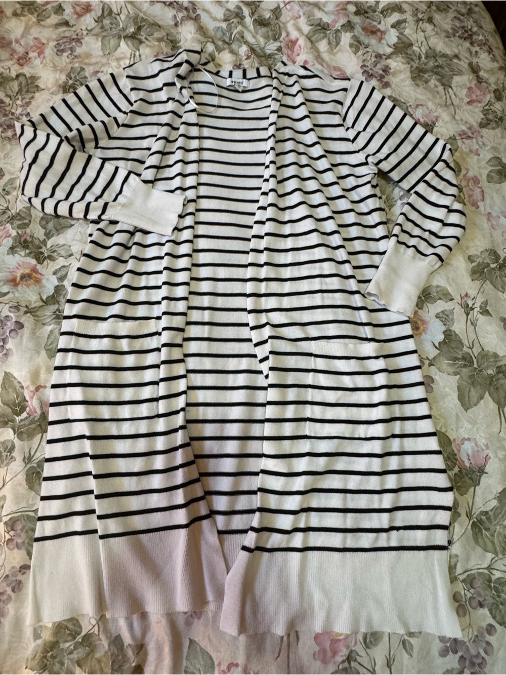 Nine West Women’s L Ivory Black Striped Long Open Front Duster Cardigan